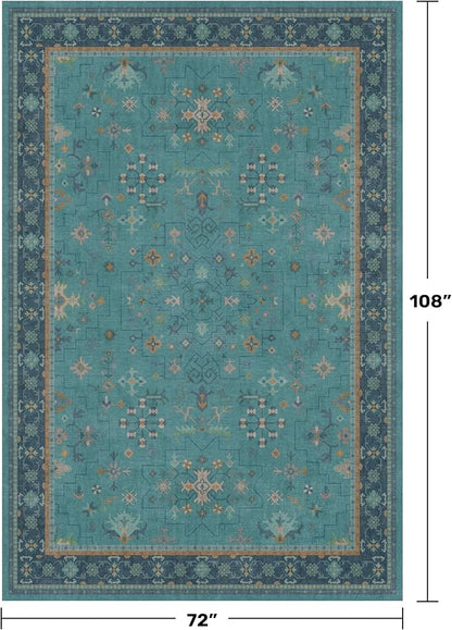 Boho Teal 6x9 Area Rugs for Living Room, Geometric Floral Design Rug for Bedroom, Dining Room - Vintage Turquoise Décor Indoor, Low Pile & Soft Stain Resistant Carpet