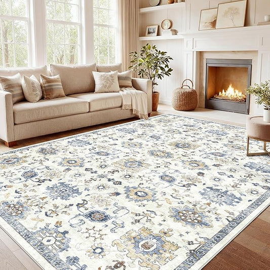 AMADA HOMEFURNISHING 9x12 Washable Area Rug, Low-Profile Large Area Rug with Non-Slip Backing & Durable Edge Binding, Vintage Large Rugs for Living Room, Bedroom & Dining Room