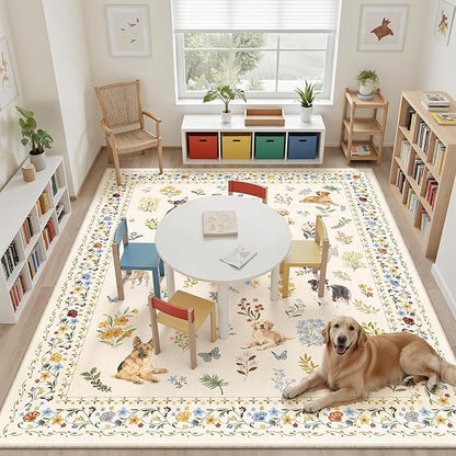 Soalmost Dog 8x10 Area Rugs for Living Room, Machine Washable Animal Floral Vintage Rug Non-Slip Low Pile Soft Throw Large Rugs for Bedroom Dining Room Kitchen Nursery Playroom (8 x 10,Beige)