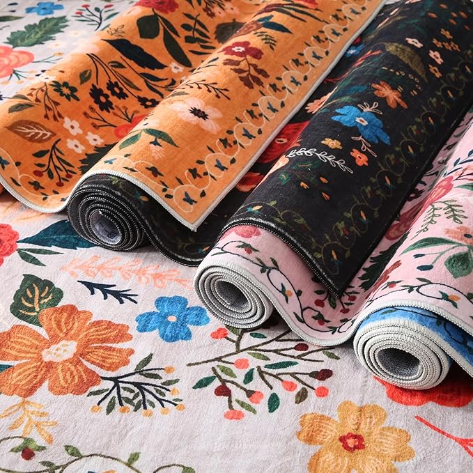 Rugcomf Round Rug 6ft Washable Circle Rug Non Slip Low Pile Boho Floral Small Circular Rug for Bedroom, Bathroom, Entryway, Kids Room, Office, College Dorm(Yellow)