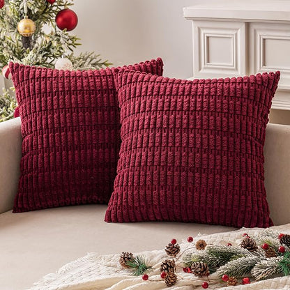 MIULEE Pack of 2 Burgundy Corduroy Decorative Pillow Covers 20x20 Inch Soft Boho Striped Throw Pillow Covers Modern Farmhouse Home Decor for Sofa Living Room Couch Bed
