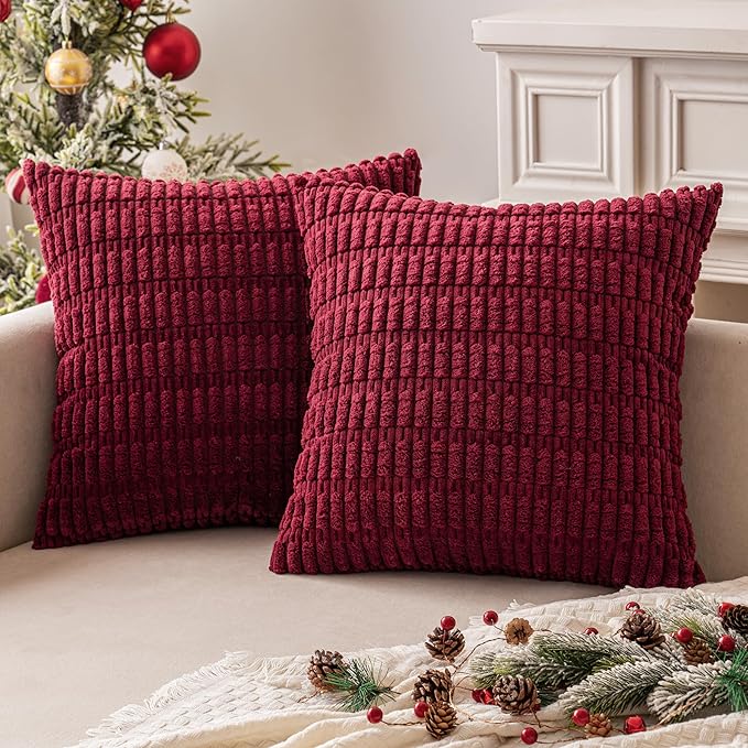 MIULEE Pack of 2 Burgundy Corduroy Decorative Pillow Covers 18x18 Inch Soft Boho Striped Throw Pillow Covers Modern Farmhouse Home Decor for Sofa Living Room Couch Bed