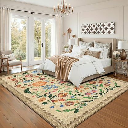 GarveeHome Washable Rug 8x10 Area Rugs for Living Room, Floral Rug for Bedroom, Soft Vintage Non Slip Throw Rugs with Rubber Back, Low Pile Stain Resistant Boho Floral Carpet for Dining Room, Beige