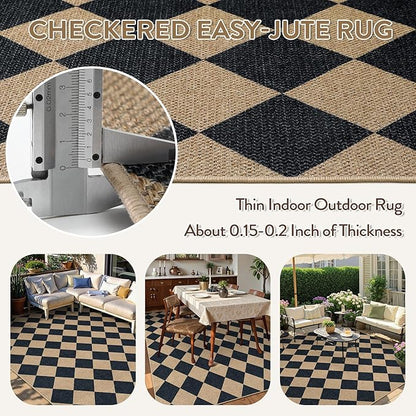 Lahome Colette Checkered Easy Jute Outdoor Rug, Large 6x9 Rug for Living Room Checkerboard Indoor Outdoor Carpet, Farmhouse Patio Office Mat Geometric Non Slip Black Carpet for Backyard Dining Room