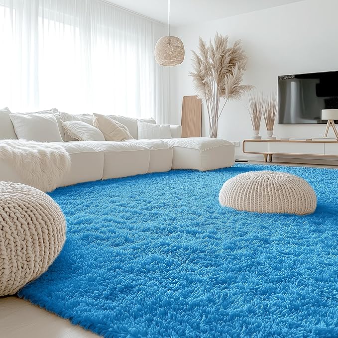OLANLY 9x12 Machine Washable Large Area Rugs for Living Room, Bedroom, Soft Fluffy Shaggy Bedside Rug, Indoor Floor Carpet for Kids Girls and Boys, Dorms, Nursery, Home Decor Aesthetic, Bright Blue