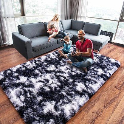 Black and White Rug for Living Room, 8x10 Area Rug for Bedroom, Bedside Indoor Floor Fluffy Shag Carpet, Plush Soft Rug for Boys Girls Kids Room Nursery Dorm Home Decor