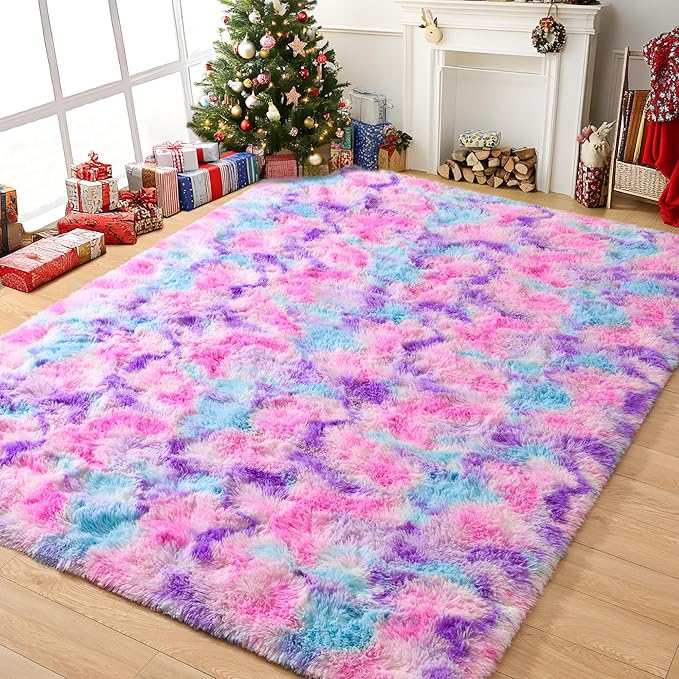 Tepook Soft Rainbow Rug for Girls Room, Cute Fluffy Girls Bedroom Rugs, 4x6 Feet Shaggy Princess Rug Colorful Carpet for Kids Teens Toddler Playroom Nursery Reading Nook, Hot Pink