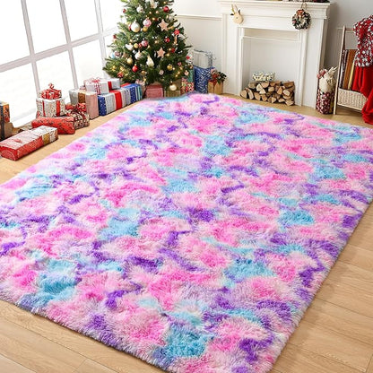 Tepook Soft Rainbow Rug for Girls Room, Cute Fluffy Girls Bedroom Rugs, 4x6 Feet Shaggy Princess Rug Colorful Carpet for Kids Teens Toddler Playroom Nursery Reading Nook, Hot Pink