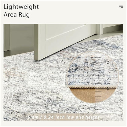 5x7 Area Rugs Blue Ivory Low Pile Indoor Washable Trendy Faded Style Rugs for Bedroom Living Room Dining Room Foldable Non-Slip Thin Print Mat