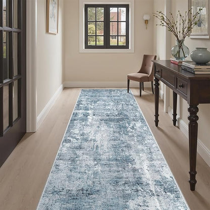 Runner Rug 3x8 Washable Non-Slip Hallway Runner Rugs for Kitchen Bathroom Laundry Room Blue/Grey Vintage Floor Carpet Runners for Hallways Entryway