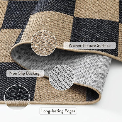 Lahome Checkered Easy Jute Area Rug, 5x7 Outdoor Patio Rug Washable Carpet for Living Room Checkerboard Indoor Outdoor Carpet, Farmhouse Geometric Non Slip Black Mat for Backyard Dining Room