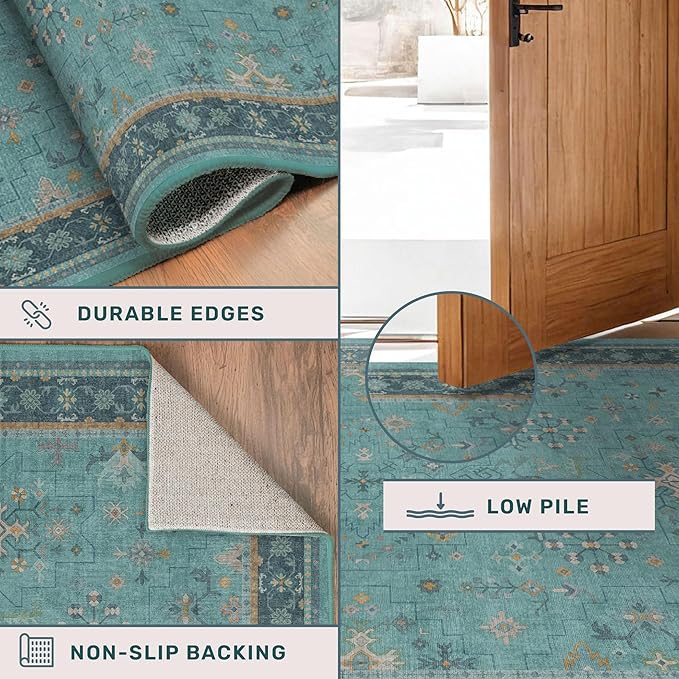 Boho Teal 6x9 Area Rugs for Living Room, Geometric Floral Design Rug for Bedroom, Dining Room - Vintage Turquoise Décor Indoor, Low Pile & Soft Stain Resistant Carpet
