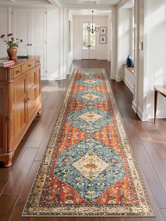 SERISSA Runner Rug for Hallways, 2'6"x14' Washable Non Slip Kitchen Runner Rug, Extra Long Boho Rug Ultra Soft Vintage Tribal Print Floor Carpet for Bedroom Hallway Entryway Bathroom Laundry Room