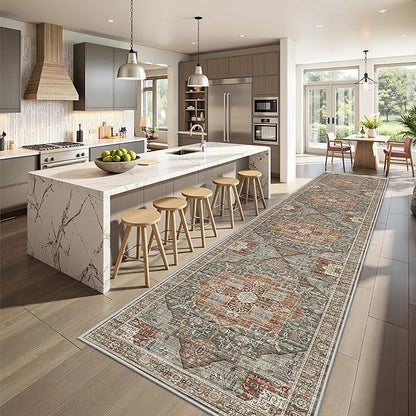 Runner Rug 2x10, Ultra-Thin Kitchen Rugs Non Slip Washable Rugs for Entryway Rug, Kitchen Runner Low Pile Vintage Soft Carpets for Living Room, Bathroom Bedroom (Grey/Brown/Tan,2'x10')