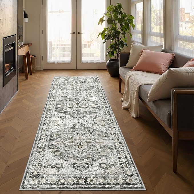 Runner Rug 2x6, Non Slip Washable Rugs for Laundry Room, Runners for Hallways, Low Pile Vintage Soft Rugs for Living Room, Kitchen Bathroom,Bedroom Rug(Grey/Beige,2'x6')