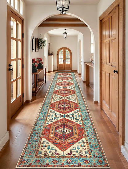 SERISSA Runner Rug for Hallways, 2'6"x16' Washable Non Slip Kitchen Runner Rug, Extra Long Boho Rug Ultra Soft Vintage Orange Print Floor Carpet for Bedroom Hallway Entryway Bathroom Laundry Room