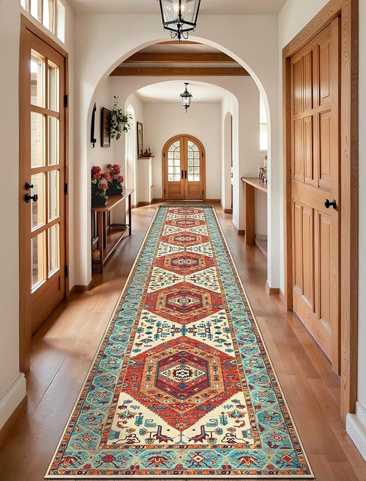 SERISSA Runner Rug for Hallways, 2'6"x16' Washable Non Slip Kitchen Runner Rug, Extra Long Boho Rug Ultra Soft Vintage Orange Print Floor Carpet for Bedroom Hallway Entryway Bathroom Laundry Room
