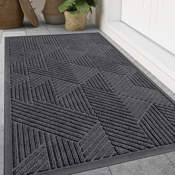 Smiry Front Door Mat Outside Entrance, Heavy Duty Sturdy Natural Rubber Doormat, Trap Dirt and Moisture, Easy Clean Low Profile Mats for Indoor Outdoor Entry, Irregular Triangle (59x24, Medium Grey)