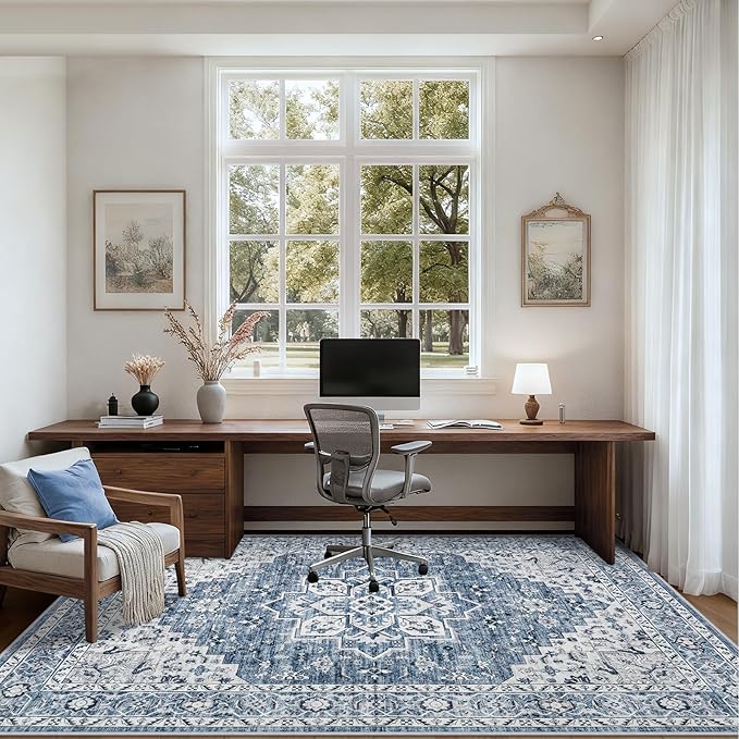Area Rugs 10x12 Living Room Rug: Washable Rug Soft Vintage Boho Medallion Carpet Indoor Floor Non-Slip Stain Resistant Large Carpets for Bedroom Dining Room Farmhouse Nursery Home Office Blue