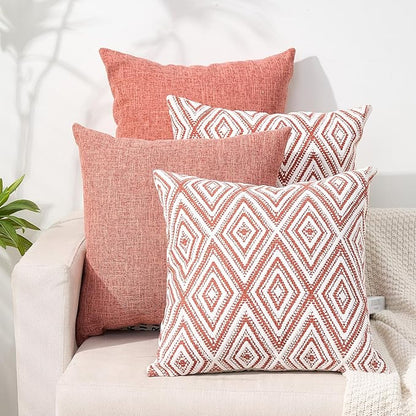 HPUK Decorative Throw Pillow Covers Set of 4 Geometric Design Linen Cushion Cover for Couch Sofa Living Room, 20"x20" inches, Coral