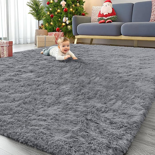 OLANLY 6x6 Area Rugs for Living Room Bedroom, Machine Washable Soft Fluffy Shaggy Bedside Rug, Indoor Floor Carpet for Kids Girls and Boys, Dorms, Nursery Rooms, Home Decor Aesthetic, Light Grey