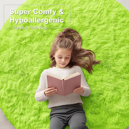OLANLY Lime Green Round Rugs for Bedroom - Machine Washable, 8 ft Circle Area Rugs for Living Room, Soft and Fluffy Shaggy Carpet for Teen Girl and Boys, Nursery Rooms, Dorms, Home Decor Aesthetic