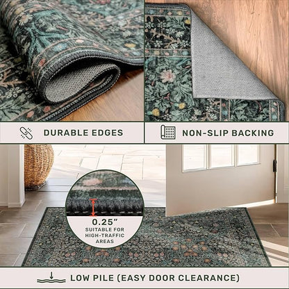 Washable Dark Green Rug for Living Room - 9x12 Large Area Rug for Dining Room Under Table, Bedroom, Soft Low Pile Non-Slip Stain Resistant Carpet - Vintage Floral Design (9x12 Dark Green)