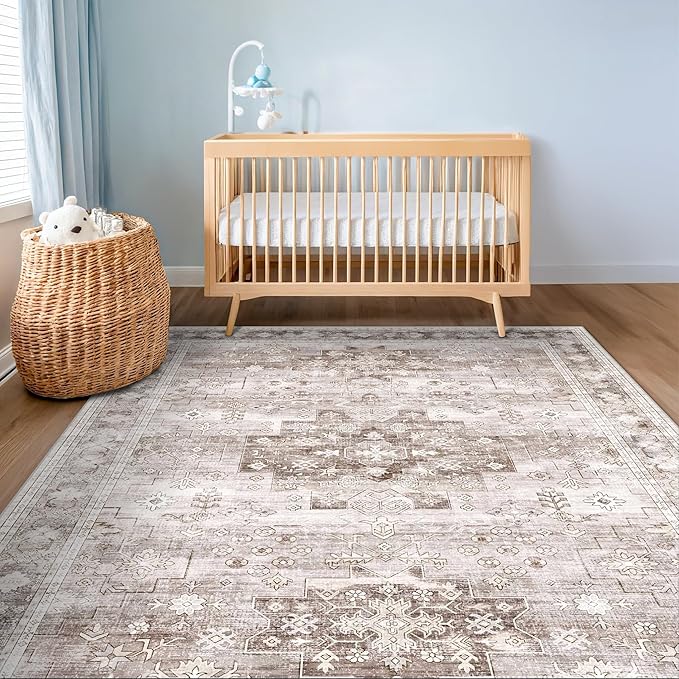 Washable Neutral Farmhouse Large Entryway Rug, 3x6 Area Rugs for Kitchen, Bedroom Beside Bed, Nursery Room, Boho Vintage Floral Non-Slip Throw Rug Low Pile Stain Resistant (3x6 Beige/Latte)
