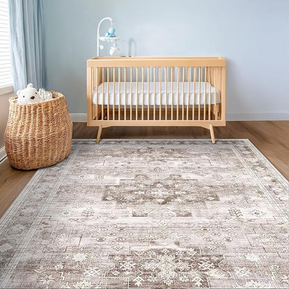 Washable Neutral Farmhouse Large Entryway Rug, 3x6 Area Rugs for Kitchen, Bedroom Beside Bed, Nursery Room, Boho Vintage Floral Non-Slip Throw Rug Low Pile Stain Resistant (3x6 Beige/Latte)
