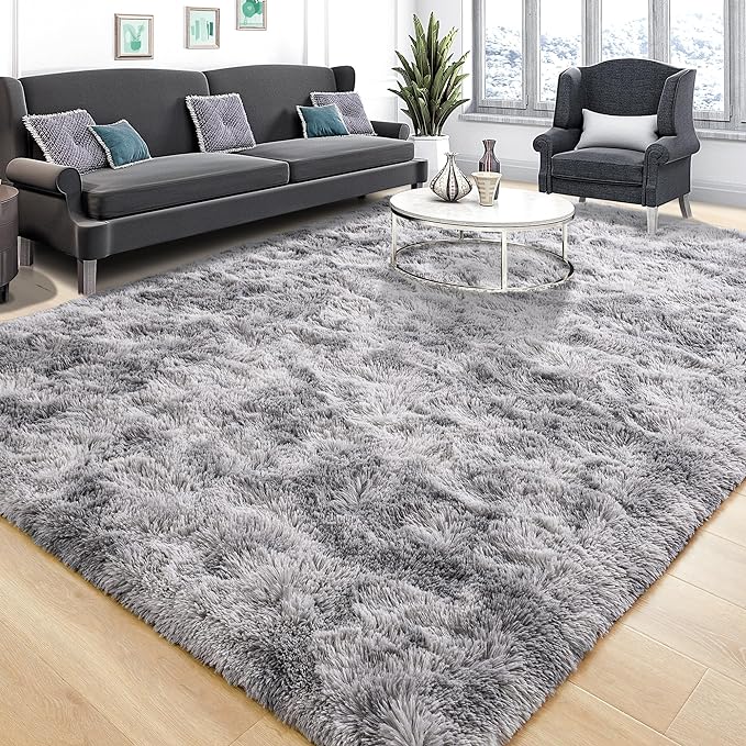 Tepook Area Rugs 9x12 for Living Room, Super Soft Fluffy Rugs for Bedroom, Modern Shaggy Rug Fuzzy Carpets for Kids, Plush Indoor Nursery Home Decor Rug with Non-Slip Bottom, Tie-Dyed Light Grey
