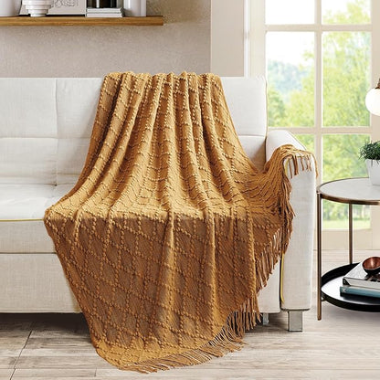 BOURINA Almond Throw Blanket 50 x70 Inches Jacquard Argyle Throw Textured Solid Soft Throws and Blankets for Sofa or Bed Knitted Decorative Blanket