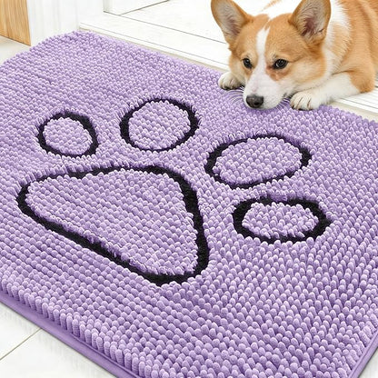 OLANLY Dog Door Mat for Muddy Paws 30x20, Paw Print Design, Absorbs Moisture and Dirt, Absorbent Non-Slip Washable Doormat, Quick Dry Chenille Mud Mat for Dogs, Entry Indoor Entryway Carpet, Lavender