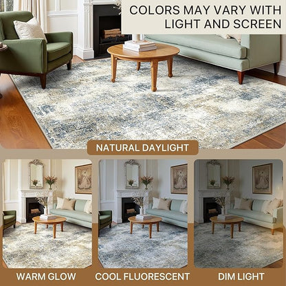 Area Rugs 6x9 for Living Room Bedroom, Modern Abstract Machine Washable Rug, Large Soft Low Pile Floor Carpet with Non Slip Backing for Dining Room, Blue Mist
