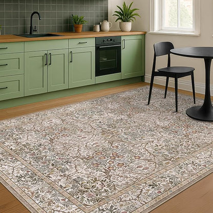 Dining Room Rugs for Under Table - 6x8 Washable Moss Green Area Rug for Living Room, Low Pile Non-Slip Floor Carpet for Bedroom - Vintage Olive Taupe Design & Stain Resistance