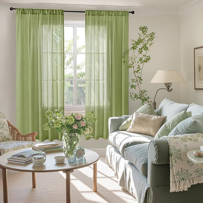 BGment Olive Green Linen Curtains for Living Room 63 Inch Length - Rod Pocket Natural Textured Light Filtering Drapes for Farmhouse Bedroom Lightweight Rustic Decor, 2 Panels Set, 52 X 63 Inch