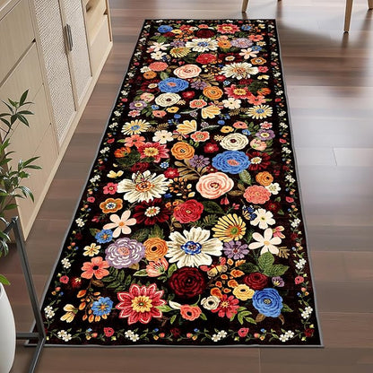 Black/Brown Kitchen Rug 2x6, Non Slip Washable Runner Rugs with Rubber Backing Soft Floral Carpet entryway Runner for Hallways, Kitchen, Laundry, Bedroom, Bathroom (Black/Brown, 2 x 6)