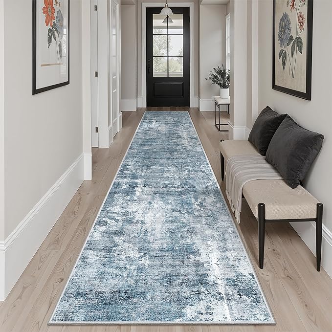Runner Rug 2'x10' Abstract Washable Non-Slip Runner Rugs for Kitchen Bathroom Laundry Room Blue Vintage Floor Carpet Runners for Hallway Entryway