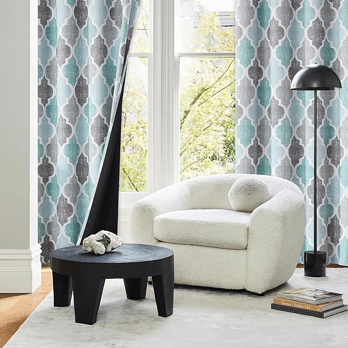 Beauoop 100% Blackout Curtains 45 Inches Long 2 Panels for Bedroom Living Room Aqua Grey Moroccan Geo Room Darkening Thermal Insulated Soundproof Grommet Top Window Treatments Drapes, 50x45 Set of 2