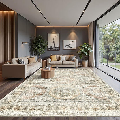 10x14 Area Rugs for Living Room, Non Slip Machine Washable Vintage Rugs, Low Pile Lightweight Large Rug for Bedroom, Dining Room, Home Office Brown Pink