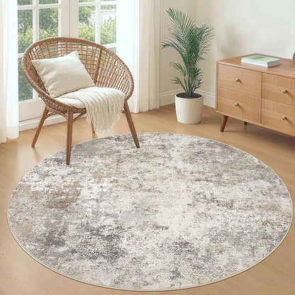UERMEI 5ft Round Area Rug Living Room Rugs - 5x5 Washable Neutral Modern Abstract Soft Thin Rug Indoor Floor No Slip Rug Carpet for Bedroom Under Dining Table Home Office Decor - Brown Grey