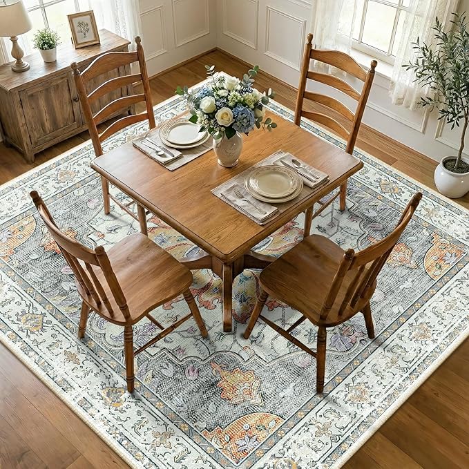 Area Rugs Square 7ft Washable Non-Slip, Floral Vintage Distress Print Pattern Medallion Carpet for Living Room Bedroom Dining Room, Light Yellow Carbon Grey Orange