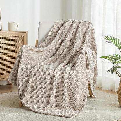 Exclusivo Mezcla Fleece Bed Blanket Twin Size, Super Soft and Warm Blankets for Couch, Sofa and Bed Waffle Textured, Cozy, Fuzzy and Lightweight (Tan, 90x66 Inches)