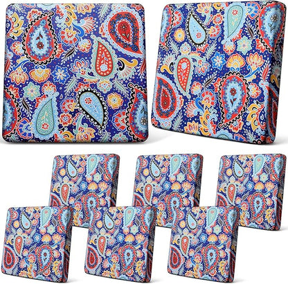 Newwiee 8Pcs Patio Cushion Covers Stretch Outdoor Cushion Cover Replacement for Patio Furniture Sofa Couch Slipcovers, Soft Flexibility Washable Furniture Protector(Waterproof Paisley,Vivid Color)
