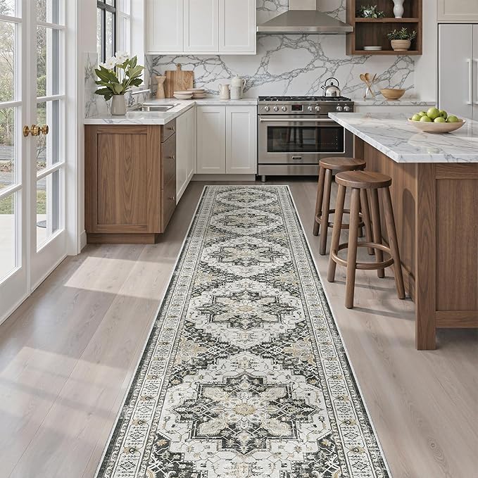 Madane Hallway Runner Rug 2x12, Extra Long Washable Runner Rugs with Rubber Backing, Non Slip Carpet Runner, Vintage Rug Runners for Kitchen Laundry Room Entryway (Black, 2'x12')
