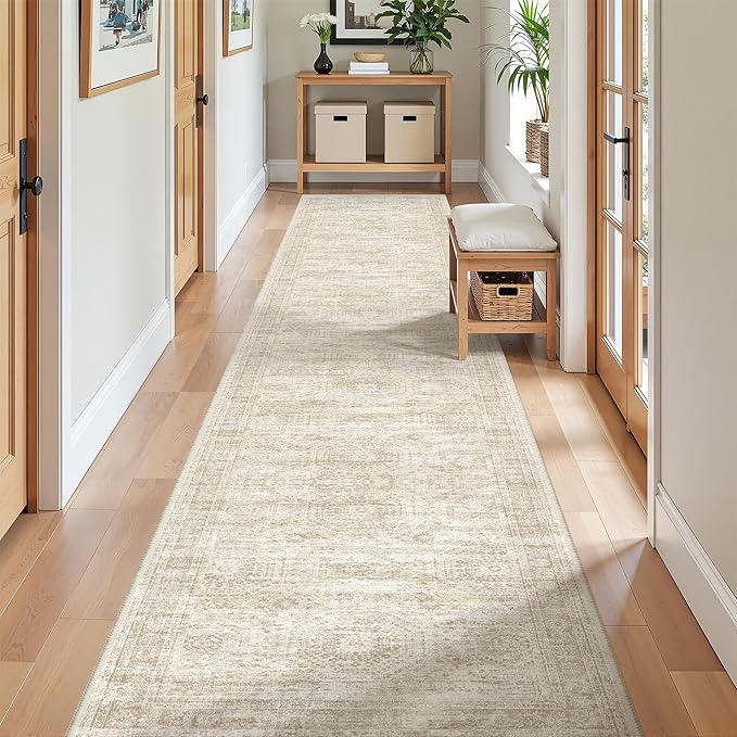 Long Hallway Runner Rug- Carpet Runners for Hallway 12ft, Anti Slip Backing Washable Rug Runner for Bathroom, Entrance, Living Room, Soft Low Pile Modern Rug Runner(2'x12', Beige/Ivory)