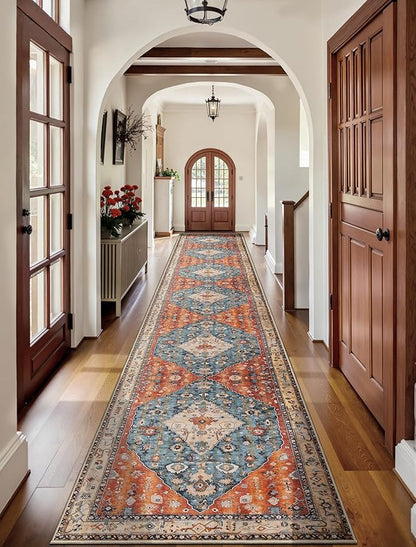 SERISSA Runner Rug for Hallways, 2'6"x16' Washable Non Slip Kitchen Runner Rug, Extra Long Boho Rug Ultra Soft Vintage Tribal Print Floor Carpet for Bedroom Hallway Entryway Bathroom Laundry Room