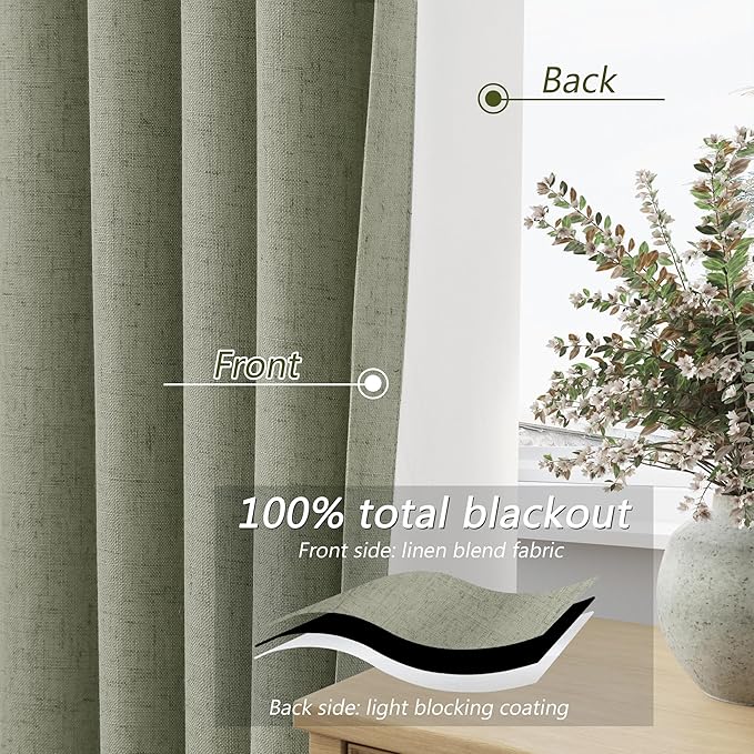 Sage Green 100% Blackout Curtains 63 Inch Length 2 Panels Set for Living Room Bedroom Back Tab Thermal Insulated Black Out Linen Drapes Room Darkening Window Curtains 63 Inches Long
