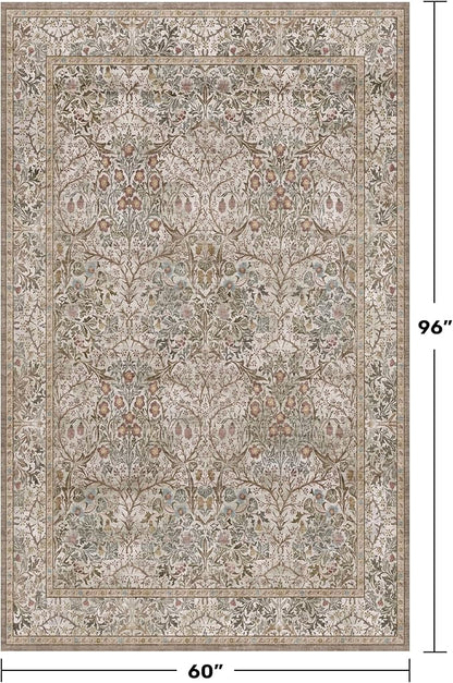 Dining Room Rugs for Under Table - 5x8 Washable Moss Green Oriental Area Rug for Living Room, Low Pile Non-Slip Floor Carpet for Bedroom - Vintage Brown Design & Stain Resistance