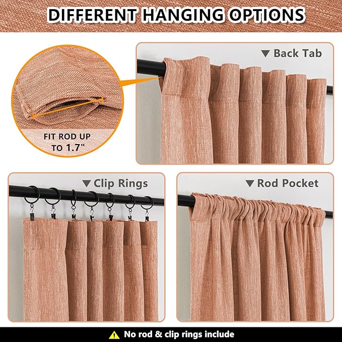 MYSKY HOME Floor Length Burnt Orange Curtains 95 Inch Long Panels, Boho Curtains Farmhouse for Living Room Sliding Glass Door, Rod Pocket Linen Look Texture Light Filtering, 50" x 95", Orange, Pack-2