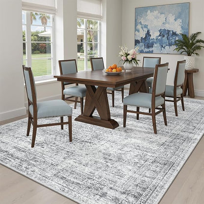5x7 Area Rugs Gray Low Pile Indoor Washable Trendy Faded Style Rugs for Bedroom Living Room Dining Room Foldable Non-Slip Thin Grey Print Mat